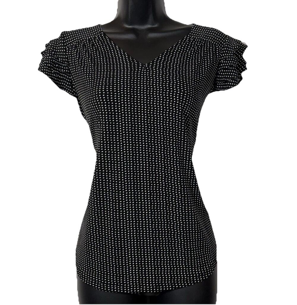 ADRIANNA PAPELL Black White Polka Dot Blouse Top Short Flutter Sleeve M Office
